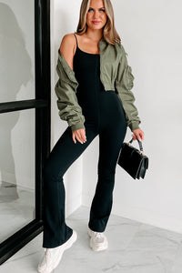 Unchecked Ego Ruched Sleeve Cropped Bomber Jacket (Olive) - NanaMacs