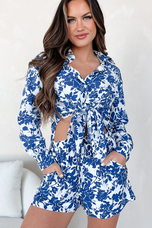 Blooming With Bliss Floral Button-Down Shirt & Shorts Set (Blue) - NanaMacs