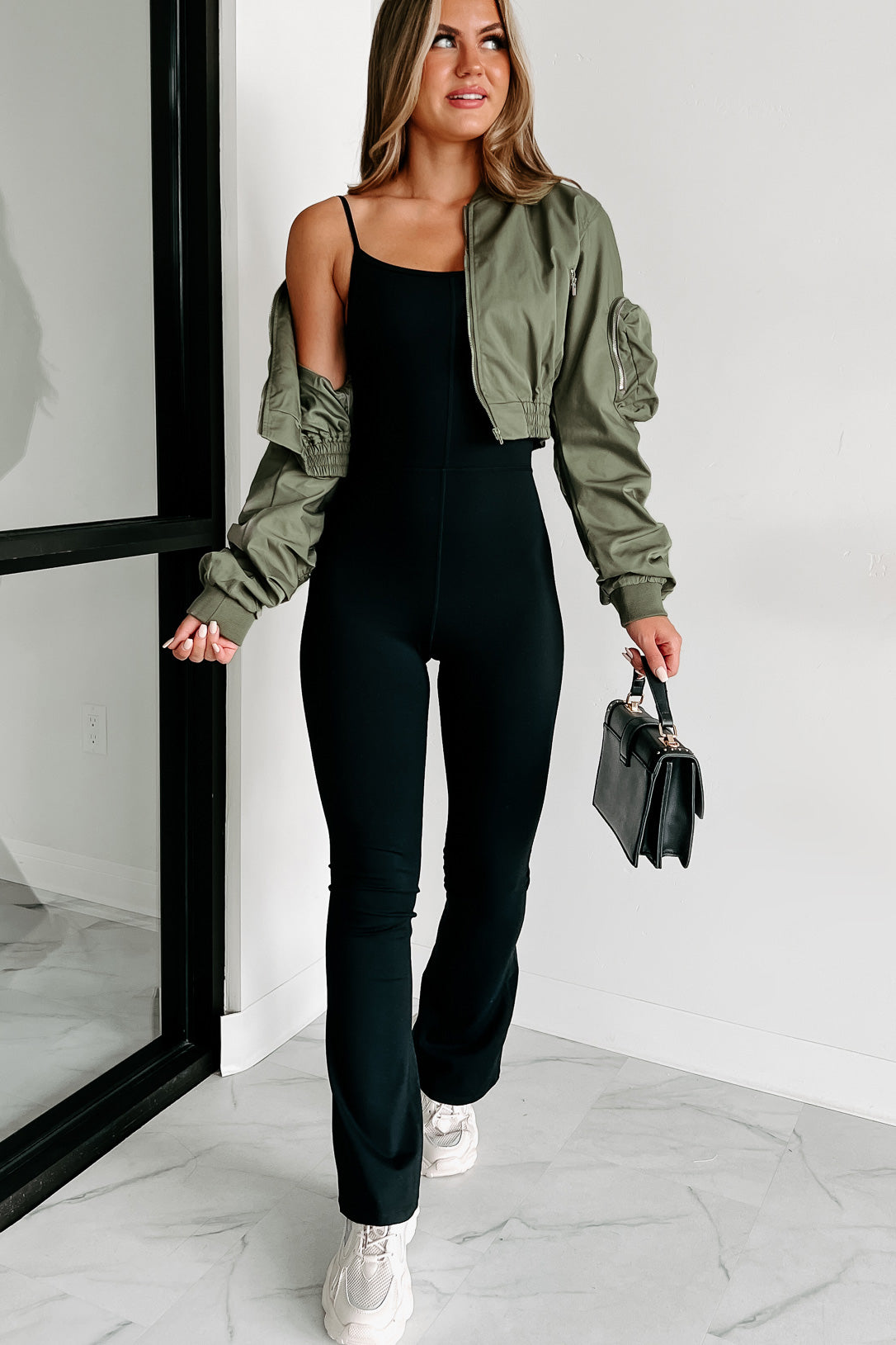 Unchecked Ego Ruched Sleeve Cropped Bomber Jacket (Olive) - NanaMacs