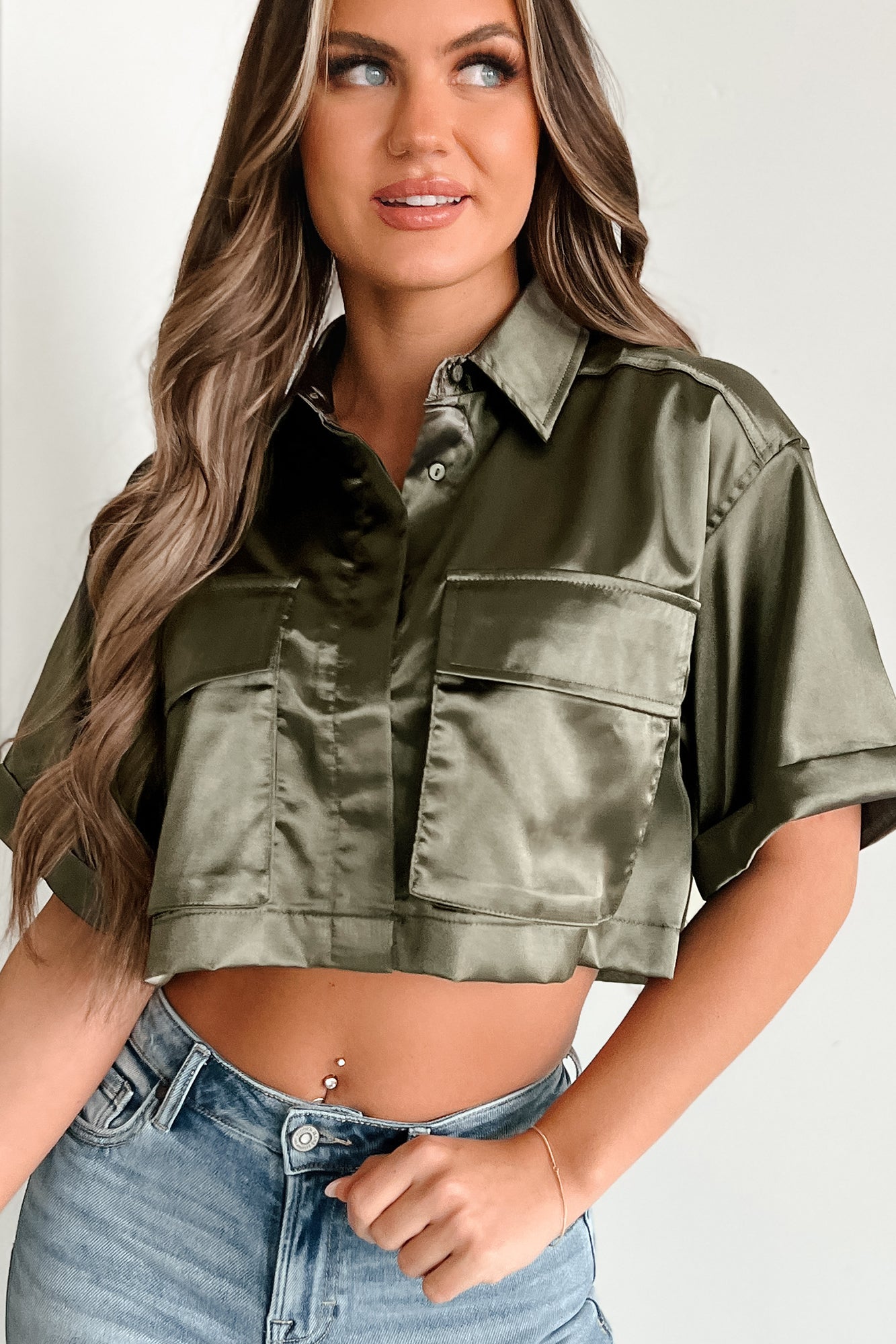 Mind Your Own Business Satin Crop Button-Down Top (Olive) - NanaMacs