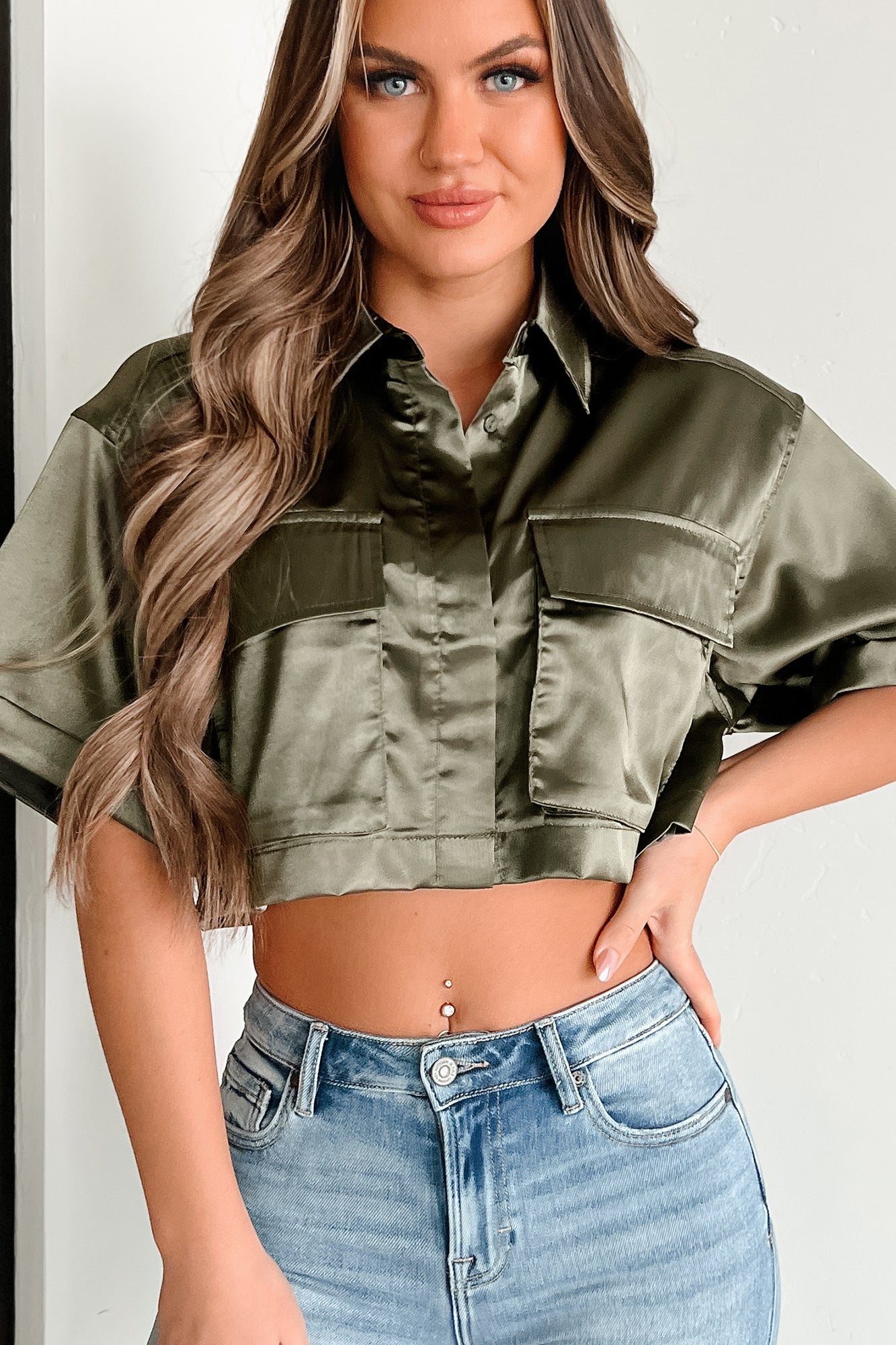 Mind Your Own Business Satin Crop Button-Down Top (Olive) - NanaMacs