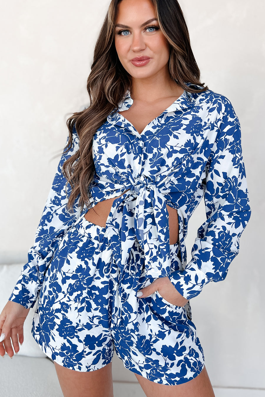 Blooming With Bliss Floral Button-Down Shirt & Shorts Set (Blue) - NanaMacs
