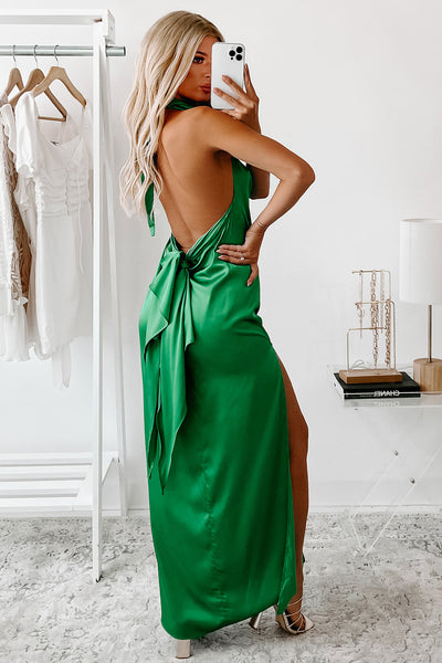 True Extravagance Satin Halter Maxi Dress (Kelly Green) - NanaMacs