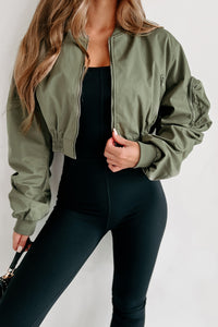 Unchecked Ego Ruched Sleeve Cropped Bomber Jacket (Olive) - NanaMacs