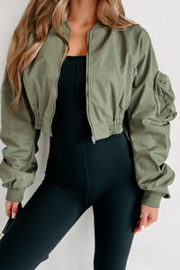 Unchecked Ego Ruched Sleeve Cropped Bomber Jacket (Olive) - NanaMacs