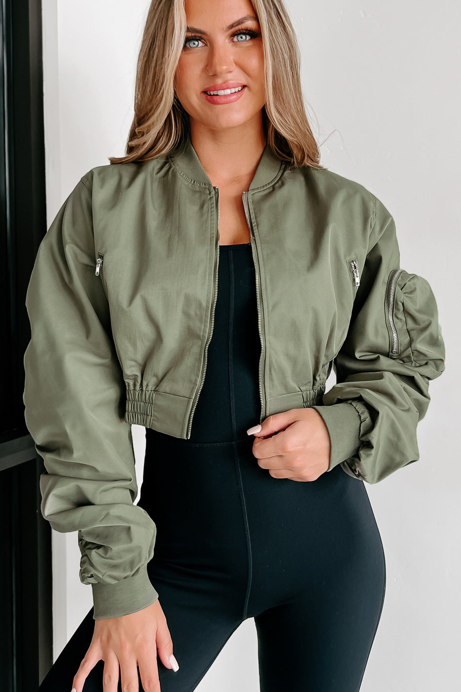 Cropped khaki outlet bomber jacket