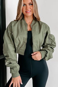 Unchecked Ego Ruched Sleeve Cropped Bomber Jacket (Olive) - NanaMacs