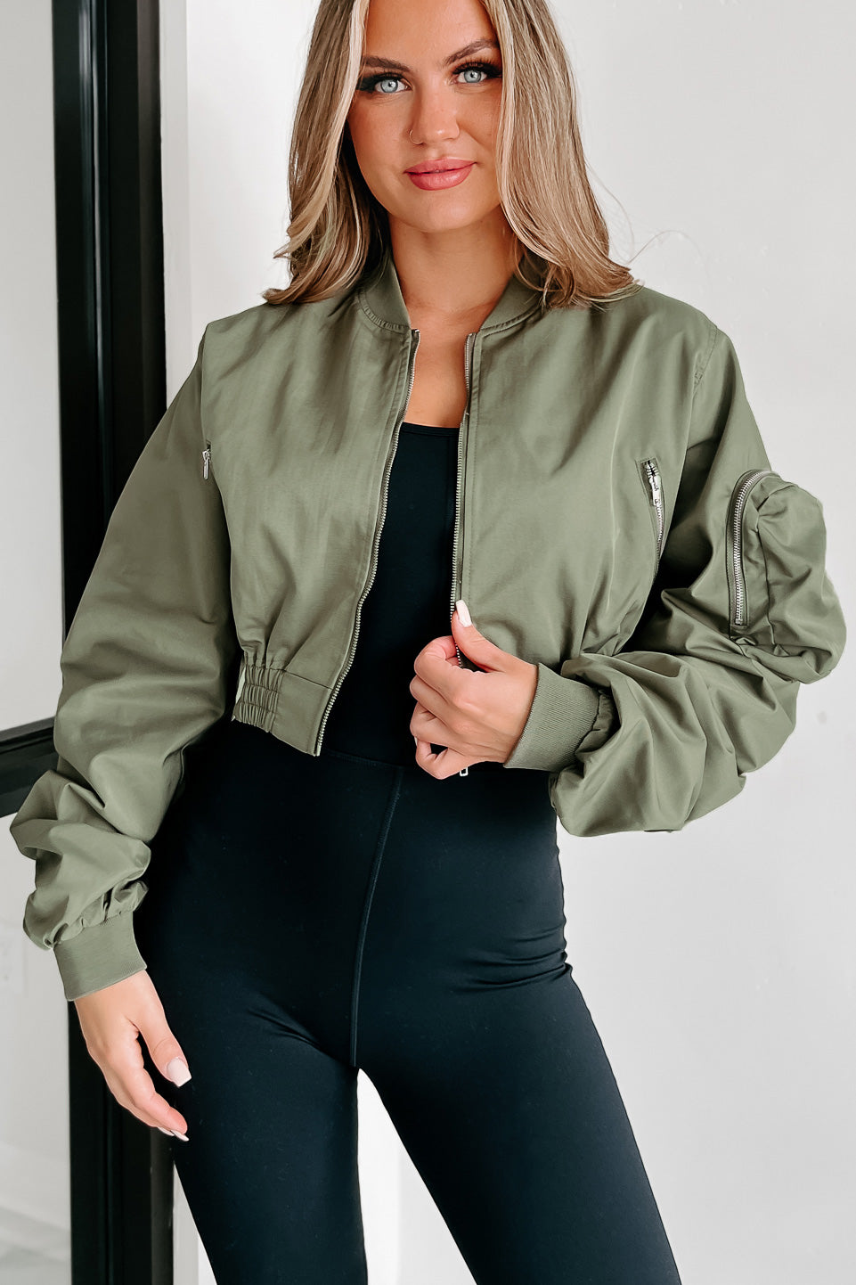 Unchecked Ego Ruched Sleeve Cropped Bomber Jacket (Olive) - NanaMacs