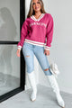 "Be Genuine" Varsity Stripe Graphic Sweater (Raspberry) - NanaMacs