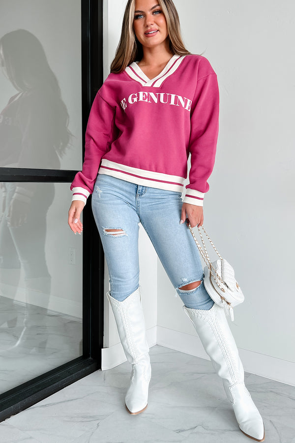 "Be Genuine" Varsity Stripe Graphic Sweater (Raspberry) - NanaMacs