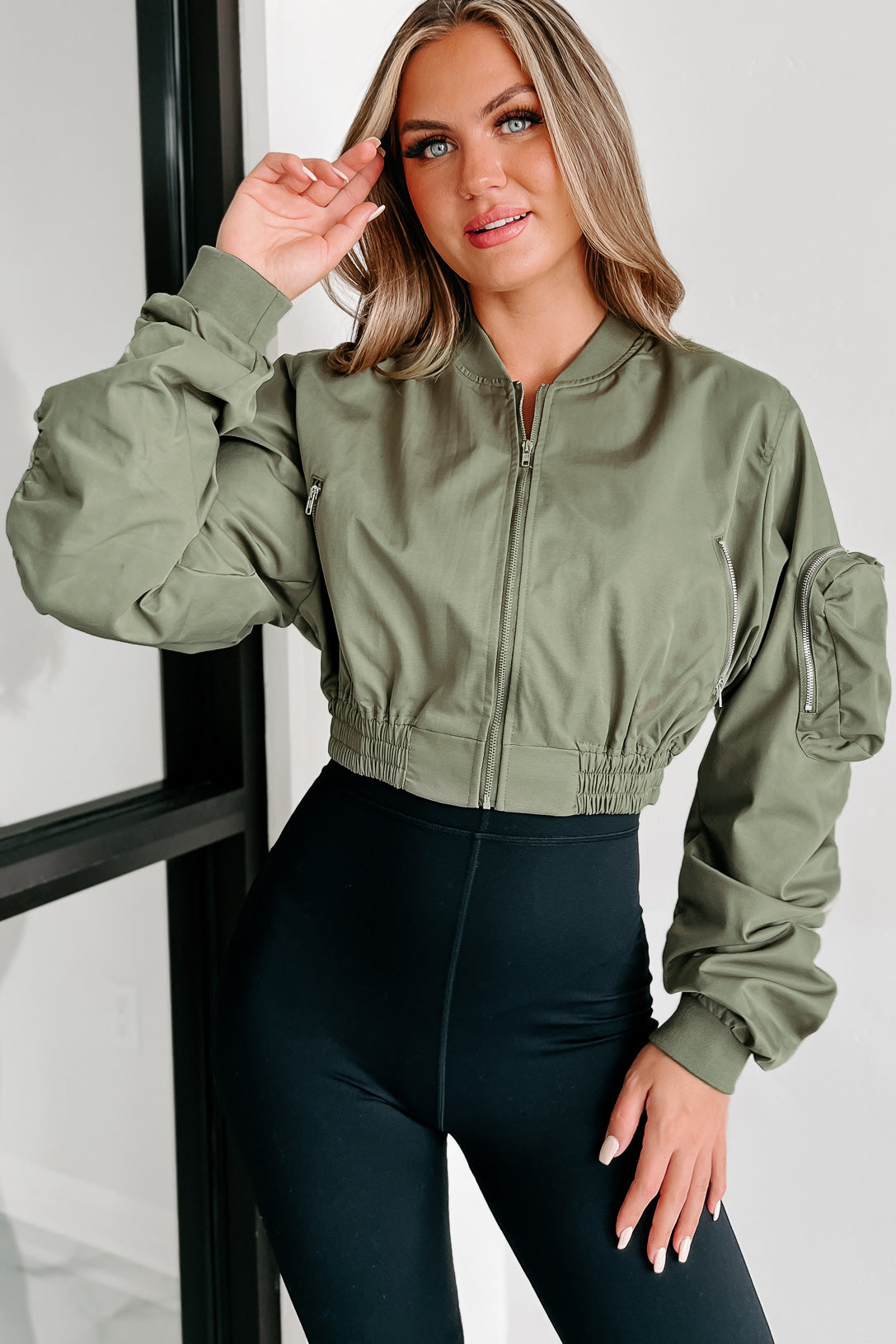 Unchecked Ego Ruched Sleeve Cropped Bomber Jacket (Olive) - NanaMacs