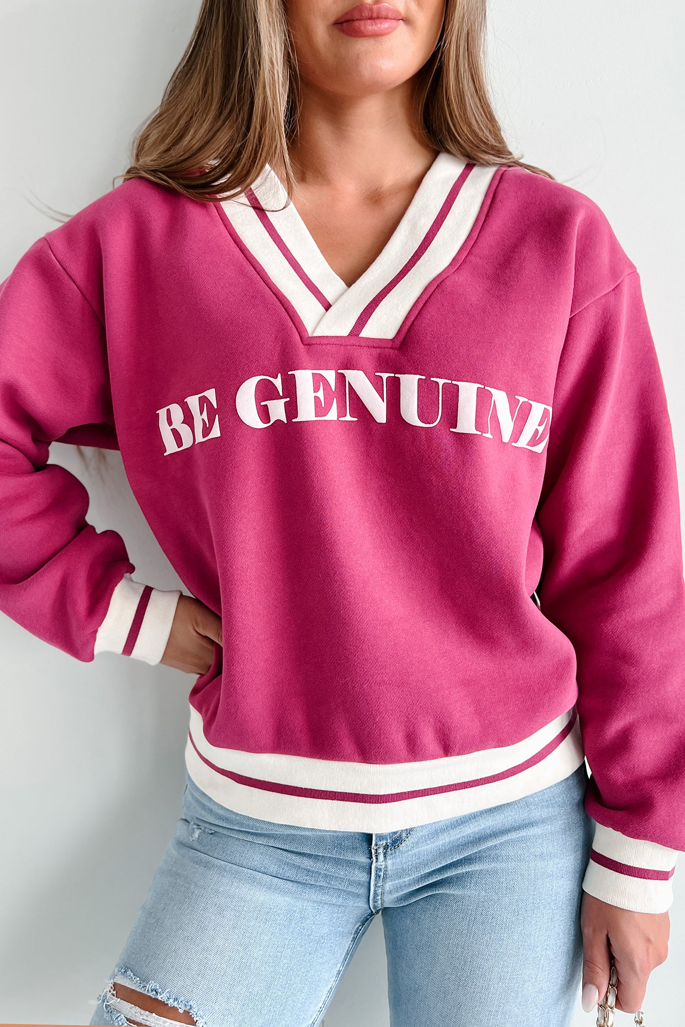 "Be Genuine" Varsity Stripe Graphic Sweater (Raspberry) - NanaMacs