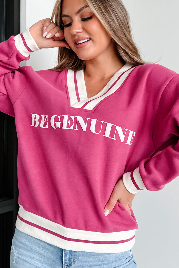 "Be Genuine" Varsity Stripe Graphic Sweater (Raspberry) - NanaMacs