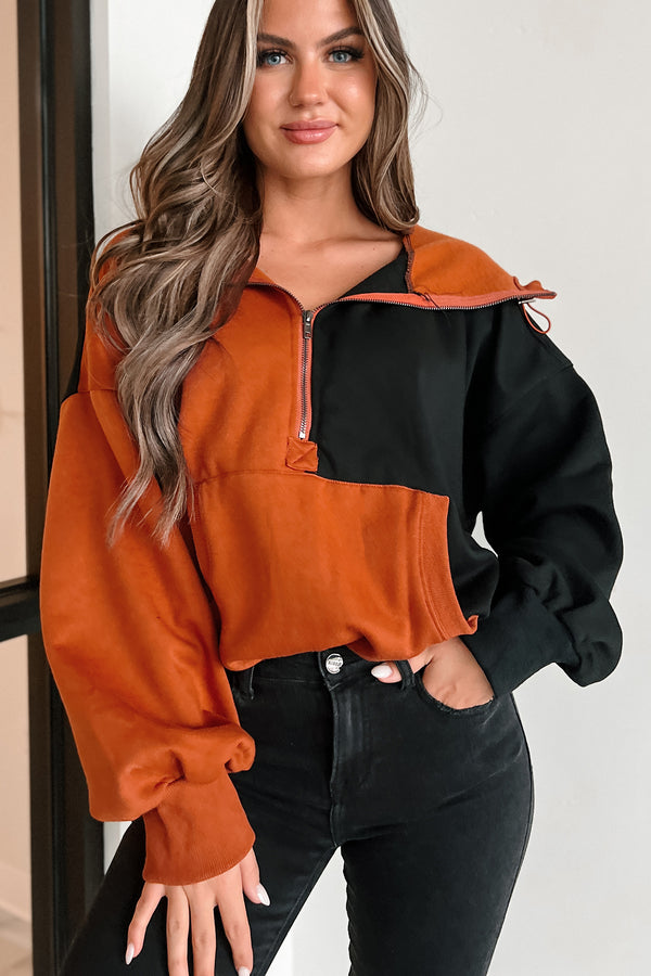 Autumn Splendor Colorblock Half-Zip Hoodie (Rust/Black) - NanaMacs