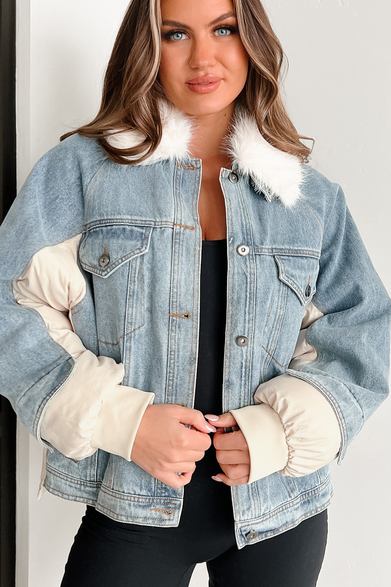 People Change Denim Puffer Jacket With Faux Fur Collar (Denim) - NanaMacs