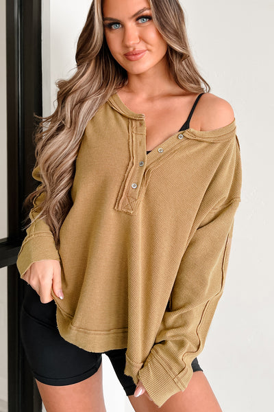 Odette Long Sleeve Oversized Thermal Top (Dark Khaki) - NanaMacs