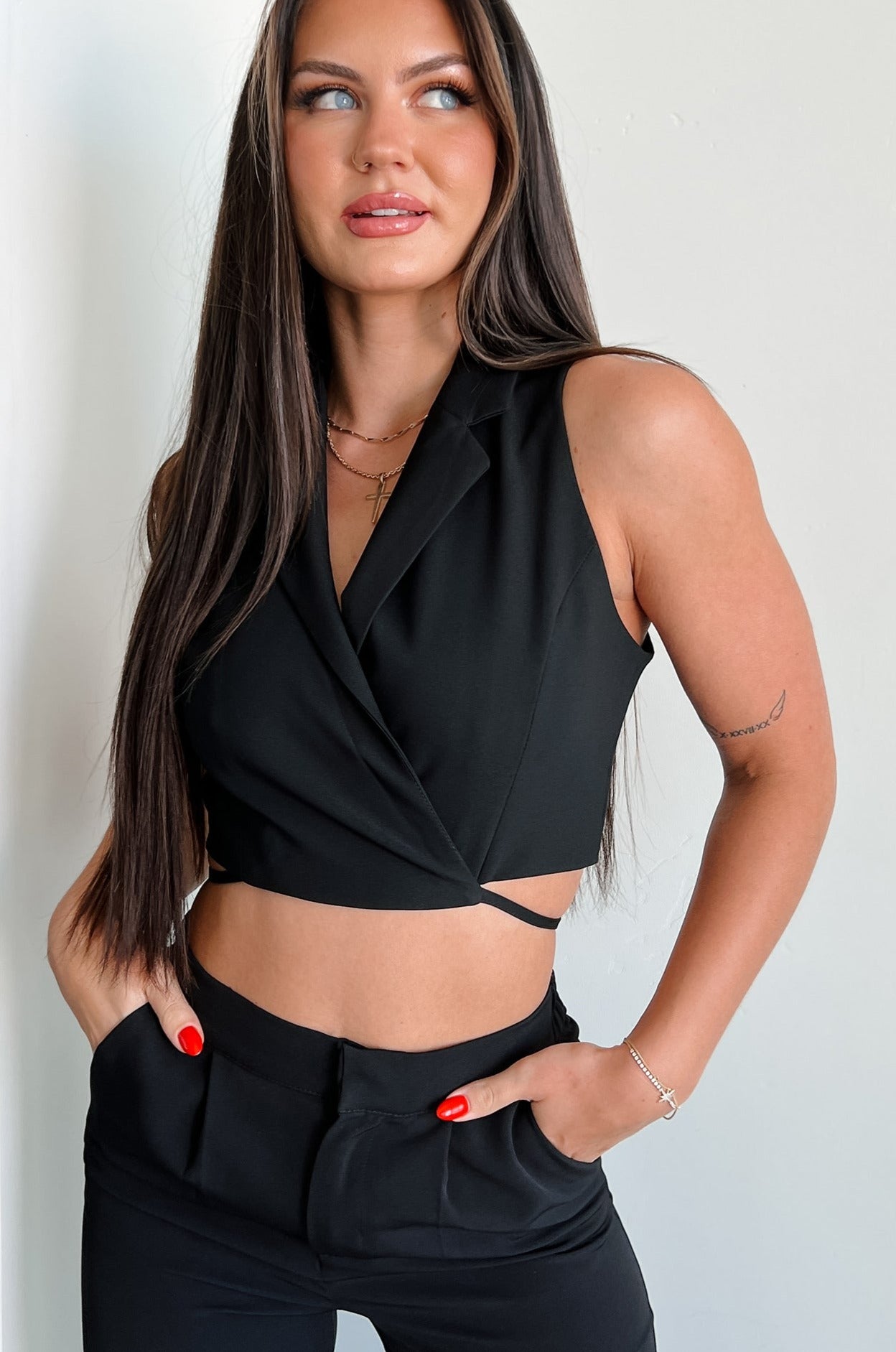 Rosalind Wrap Tie Crop Vest (Black) · NanaMacs