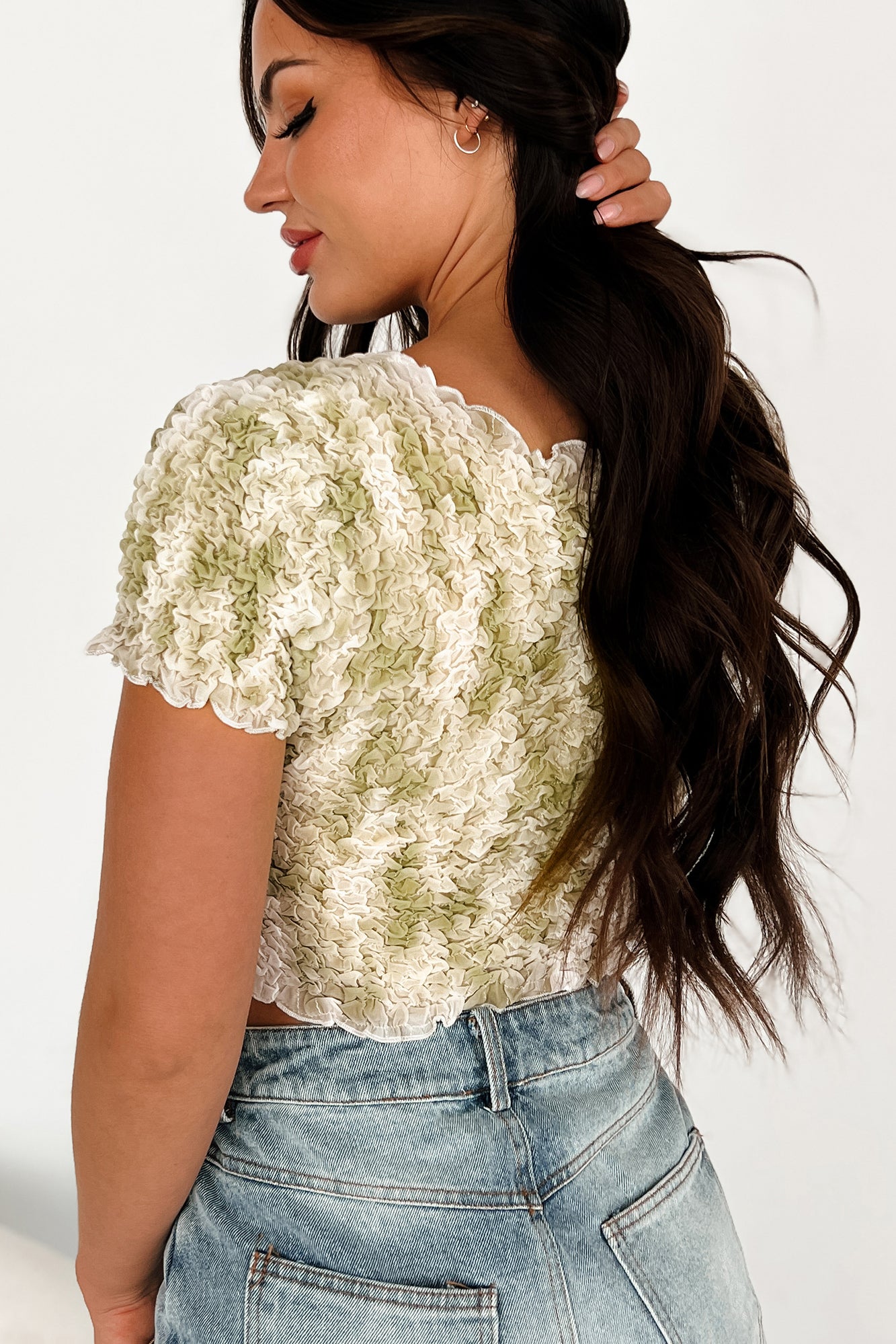 Tribute To The Past Bubble Smocked Crop Top (Olive/White) - NanaMacs