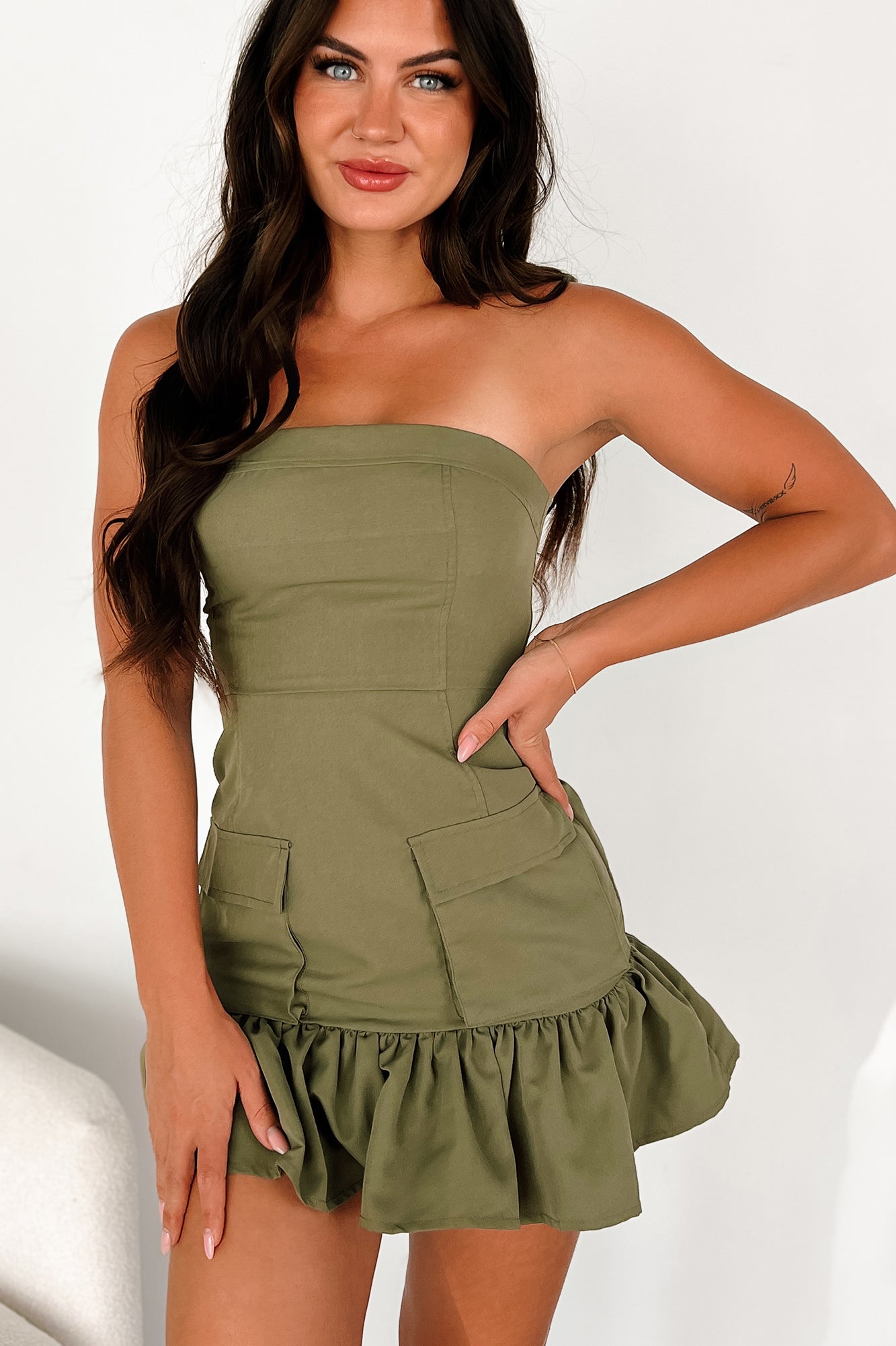 Don't Have To Try Strapless Cargo Mini Dress (Olive) - NanaMacs