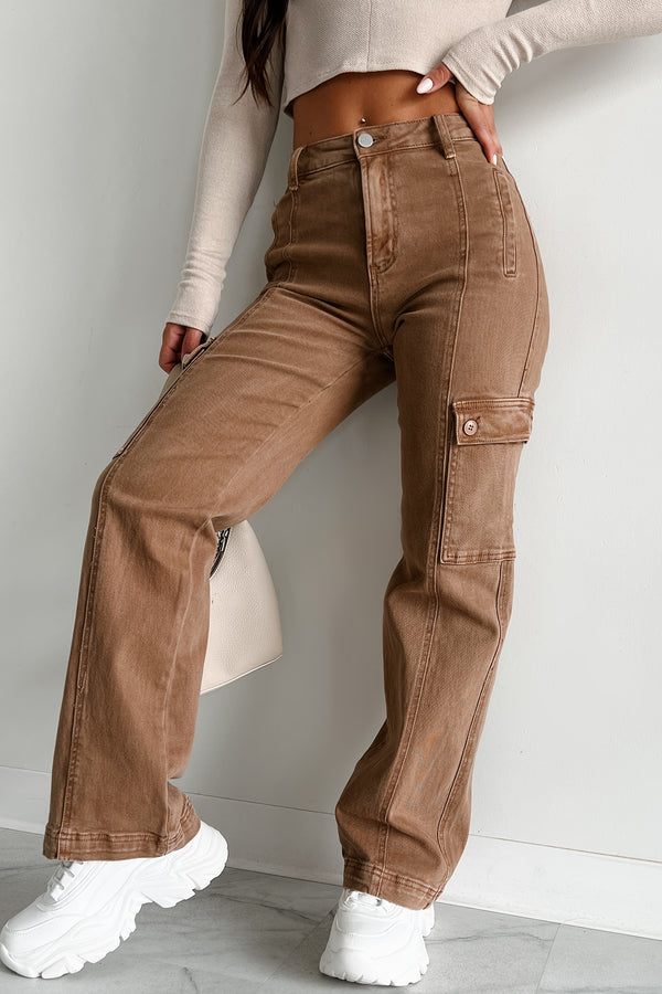 Laith High Rise Wide Leg Risen Cargo Jeans (Cocoa) - NanaMacs