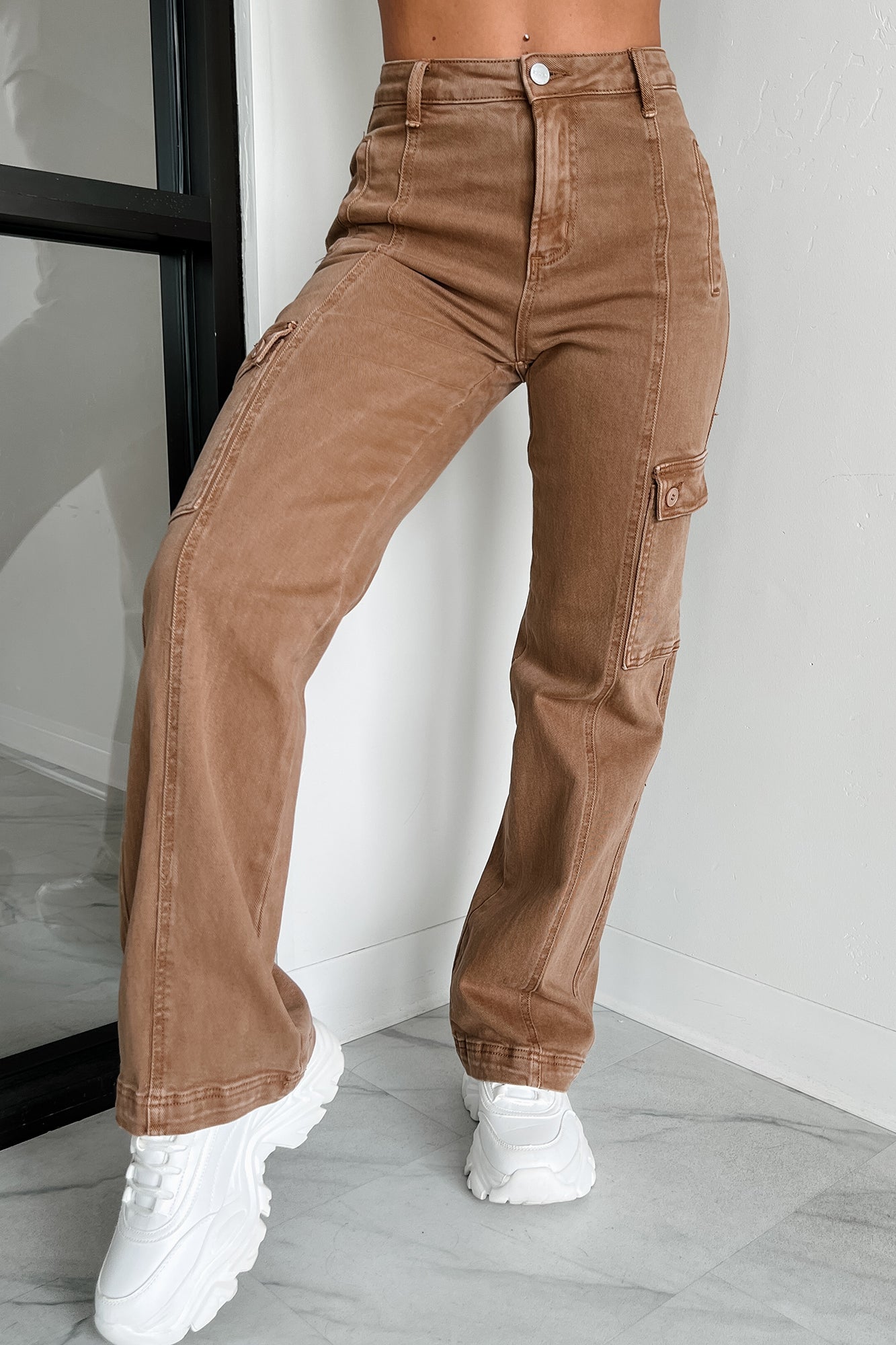 Laith High Rise Wide Leg Risen Cargo Jeans (Cocoa) - NanaMacs