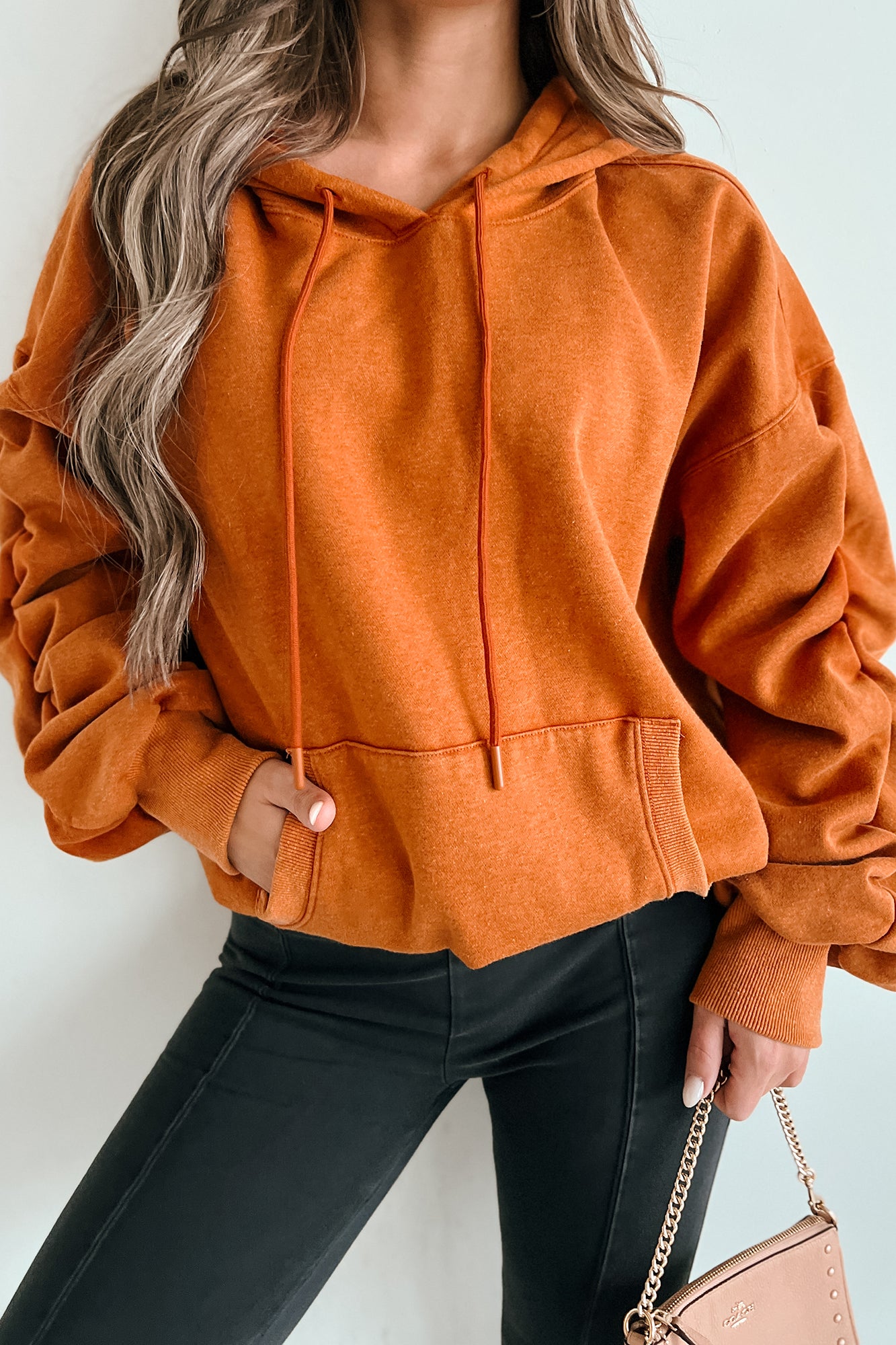 Escape The Real World Ruched Sleeve Hoodie (Vintage Rust) - NanaMacs