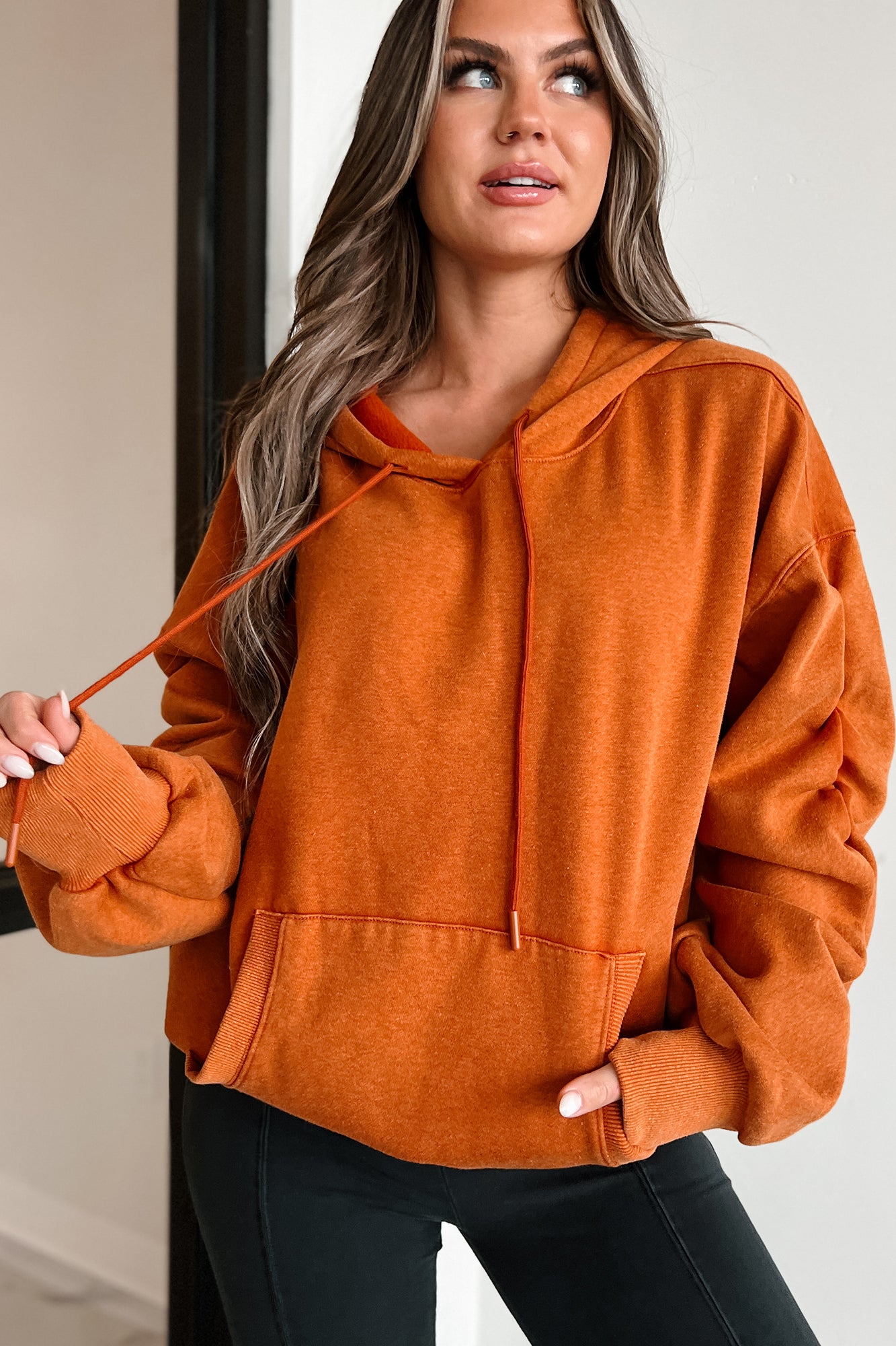 Escape The Real World Ruched Sleeve Hoodie (Vintage Rust) - NanaMacs