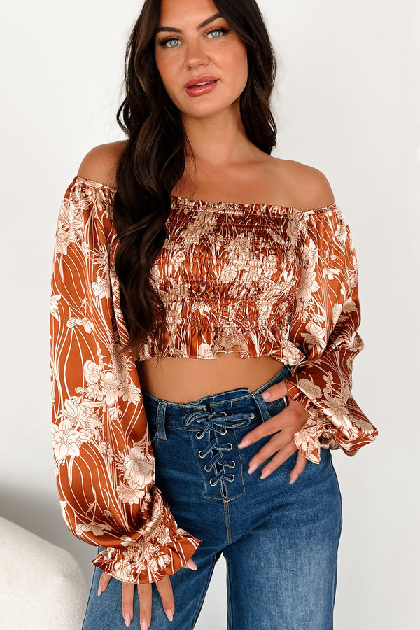 Playing By Your Rules Smocked Satin Crop Top (Butterscotch) - NanaMacs