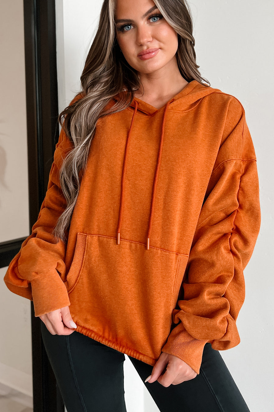 Escape The Real World Ruched Sleeve Hoodie (Vintage Rust) - NanaMacs