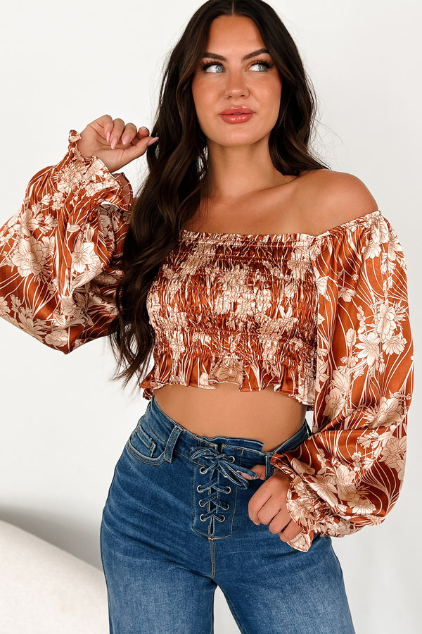 Playing By Your Rules Smocked Satin Crop Top (Butterscotch) - NanaMacs