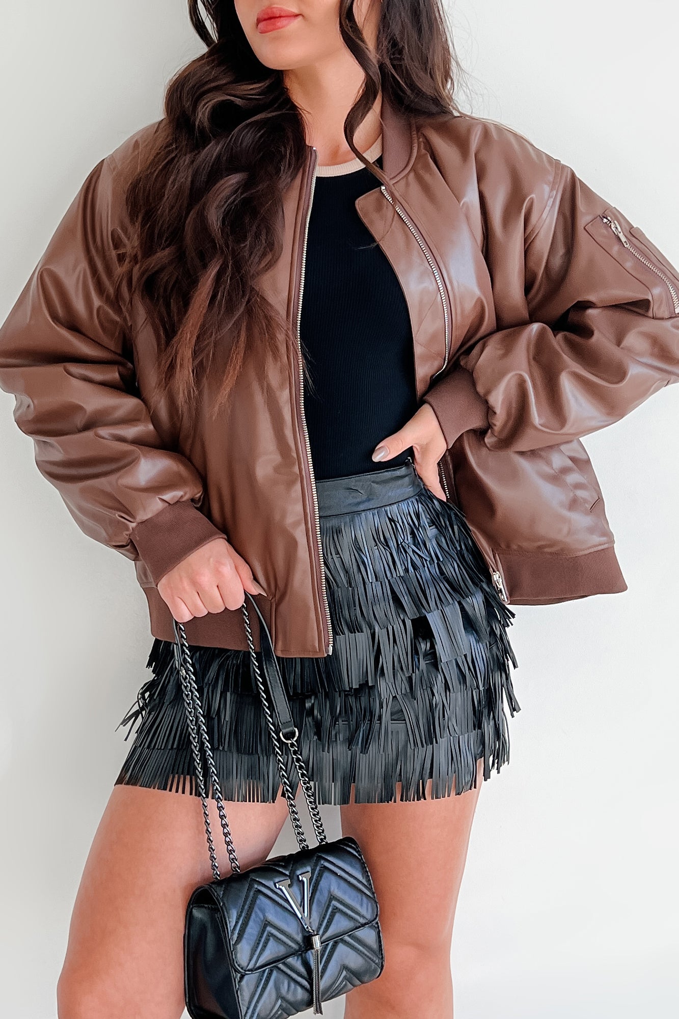 Making Bad Choices Faux Leather Bomber Jacket (Brown) - NanaMacs