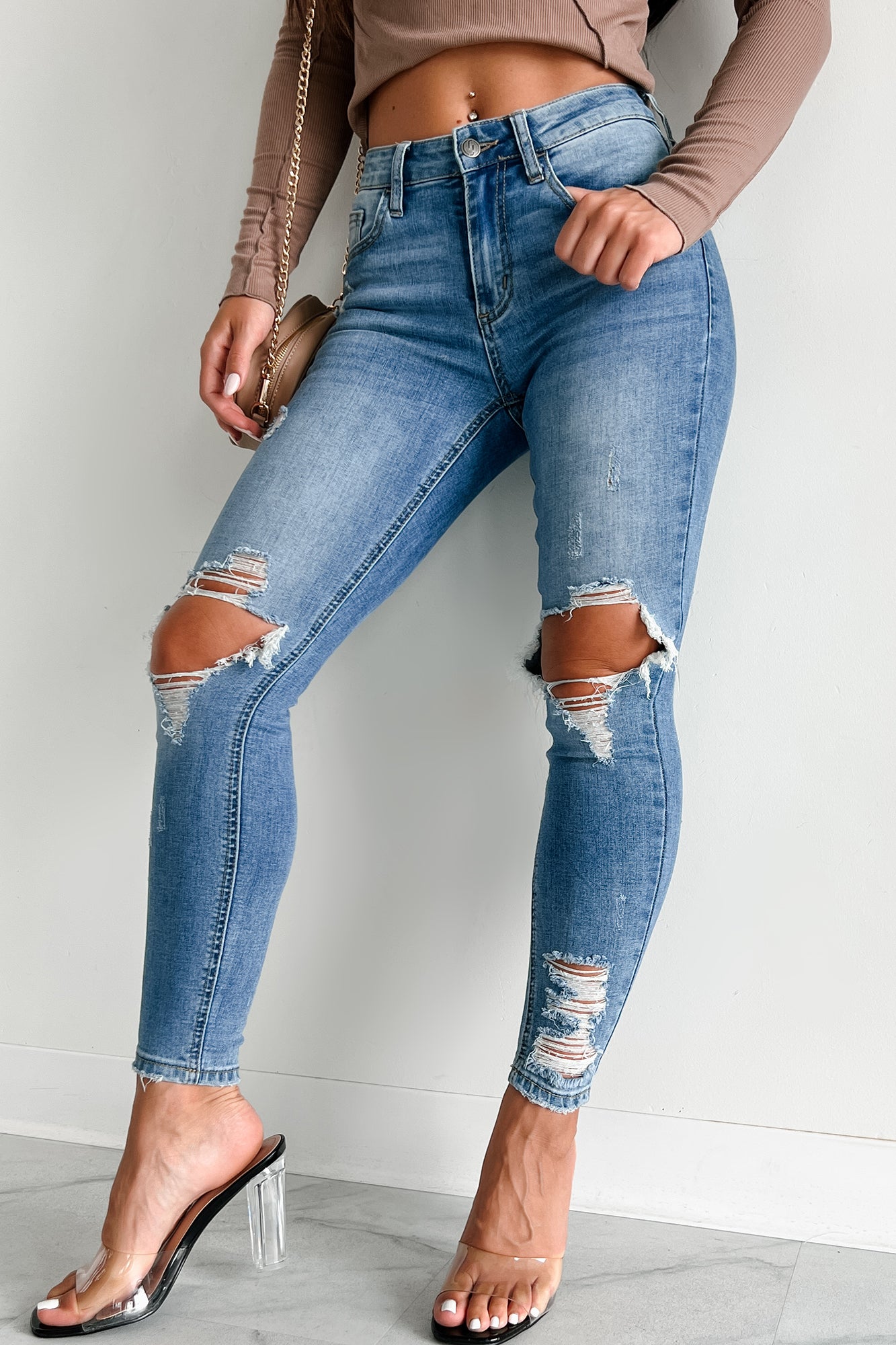 Denver Mid-Rise Distressed Skinny Jeans (Medium Denim) - NanaMacs