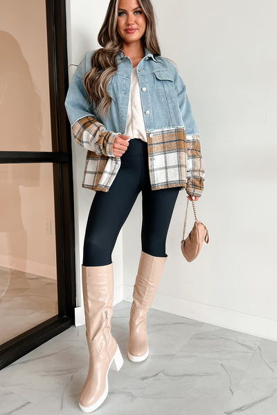 Autumn Mood Oversized Denim/Plaid Shacket (Denim/Caramel) - NanaMacs