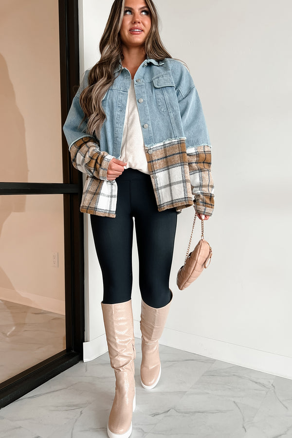 Autumn Mood Oversized Denim/Plaid Shacket (Denim/Caramel) - NanaMacs