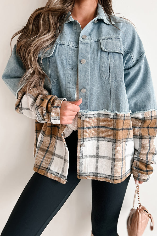 Autumn Mood Oversized Denim/Plaid Shacket (Denim/Caramel) - NanaMacs