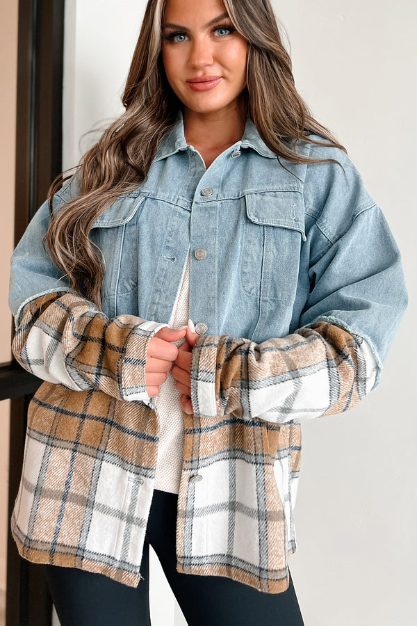 Autumn Mood Oversized Denim/Plaid Shacket (Denim/Caramel) - NanaMacs