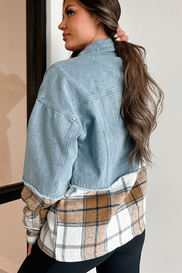 Autumn Mood Oversized Denim/Plaid Shacket (Denim/Caramel) - NanaMacs