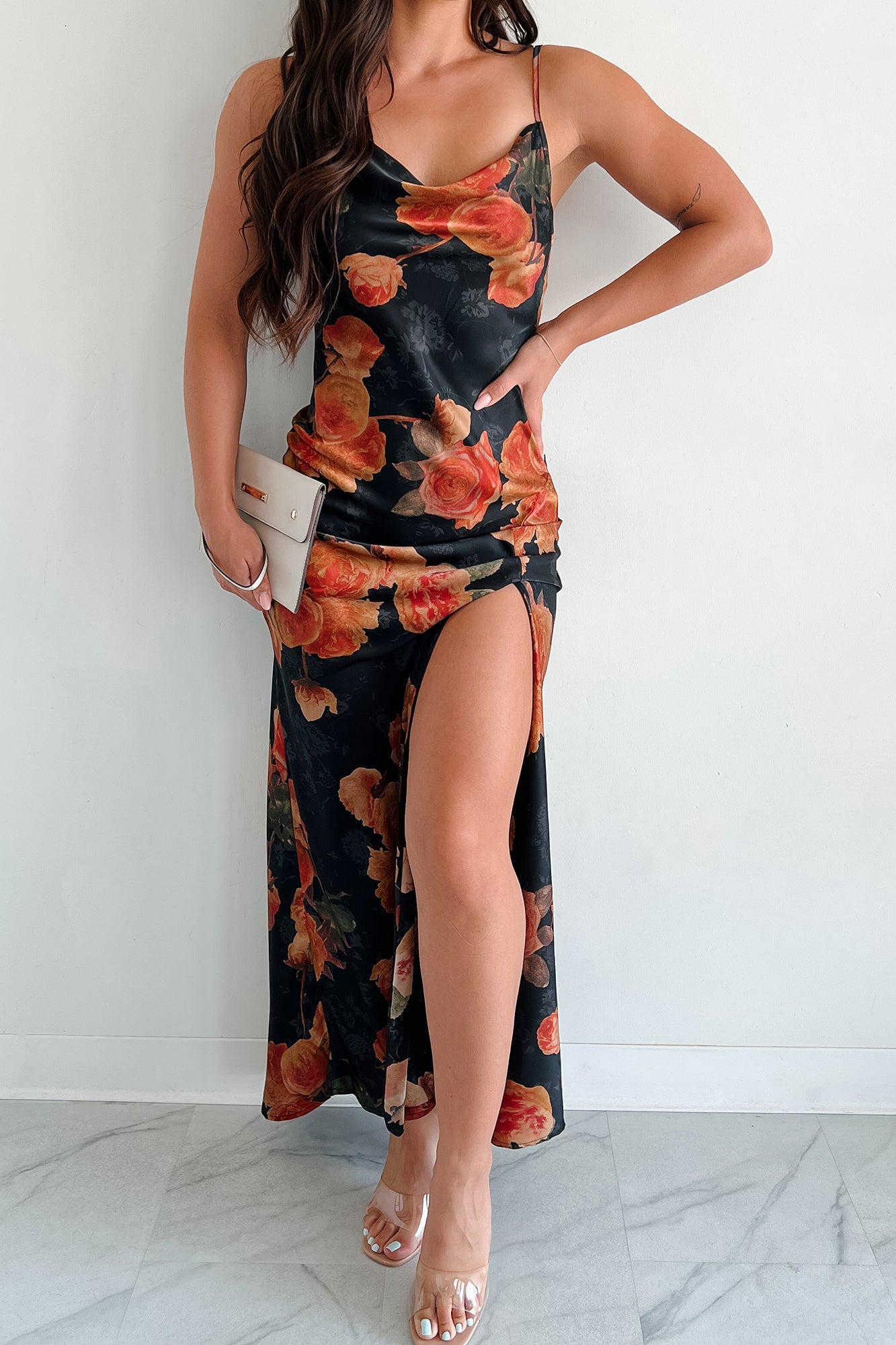 Exceptional Bliss Floral Satin Maxi Dress (Black) - NanaMacs