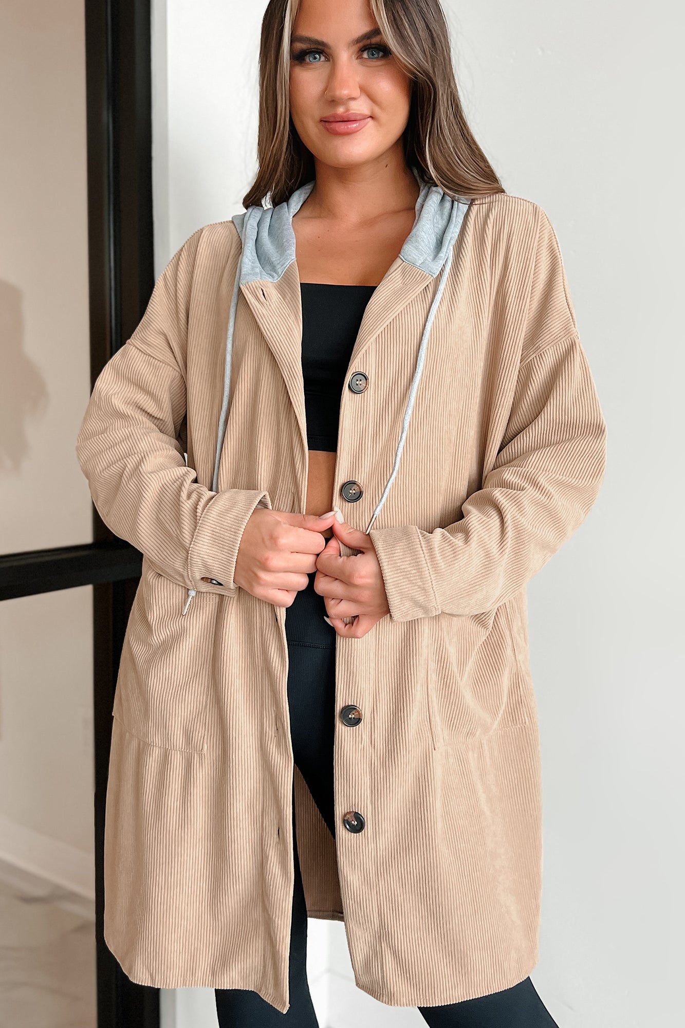 Ours For The Taking Oversized Hooded Corduroy Shacket (Beige) - NanaMacs