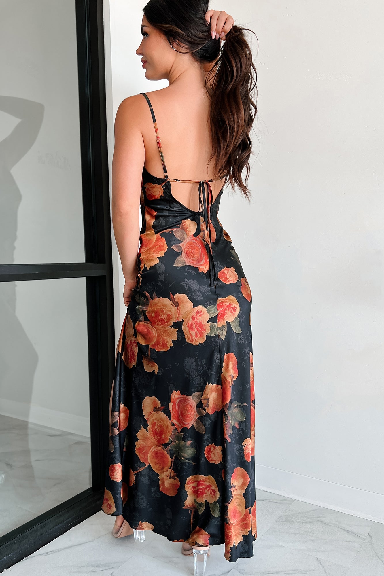 Exceptional Bliss Floral Satin Maxi Dress (Black) - NanaMacs