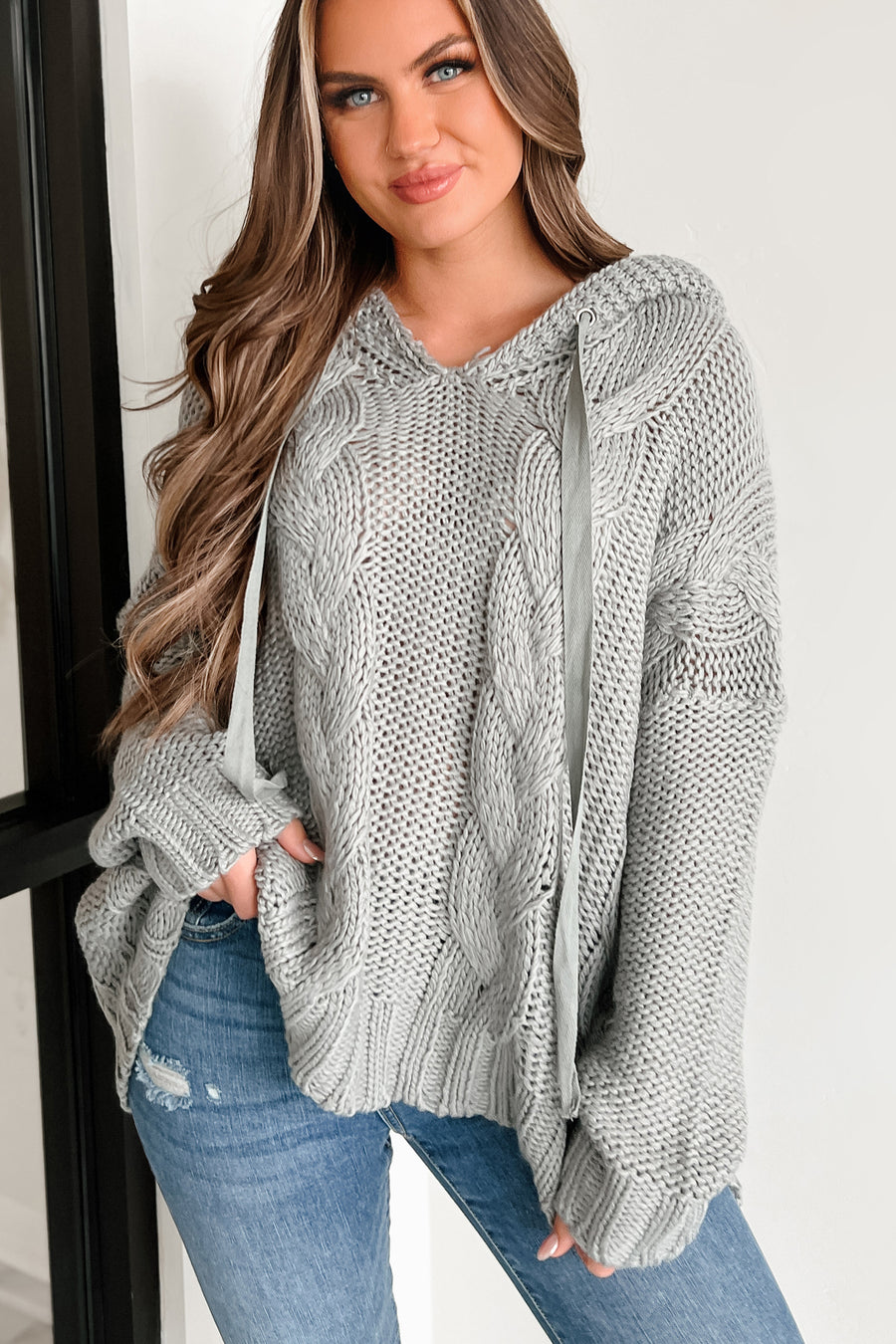 Creating Something New Cable Knit Sweater Hoodie (Grey) - NanaMacs