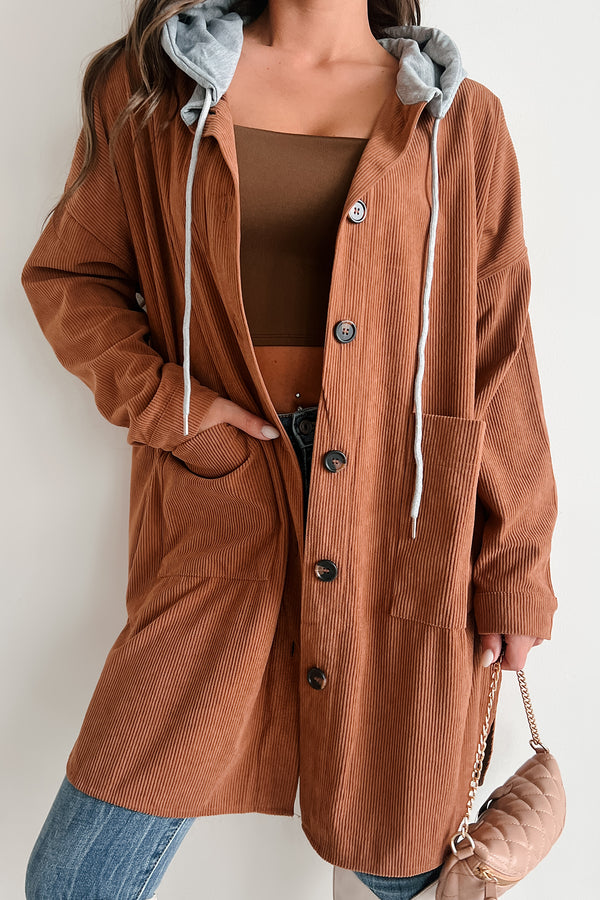 Ours For The Taking Oversized Hooded Corduroy Shacket (Light Brown) - NanaMacs