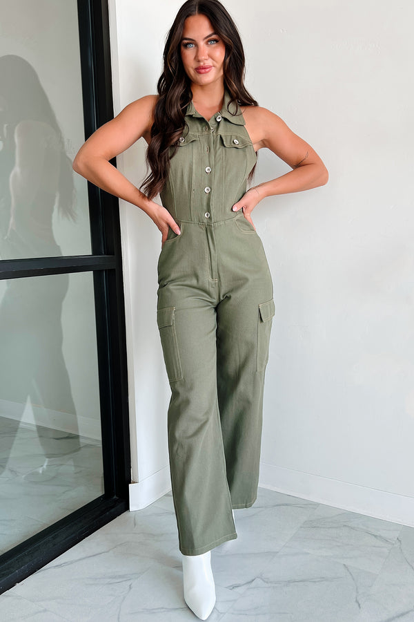 Social Call Denim Halter Cargo Jumpsuit (Olive) - NanaMacs