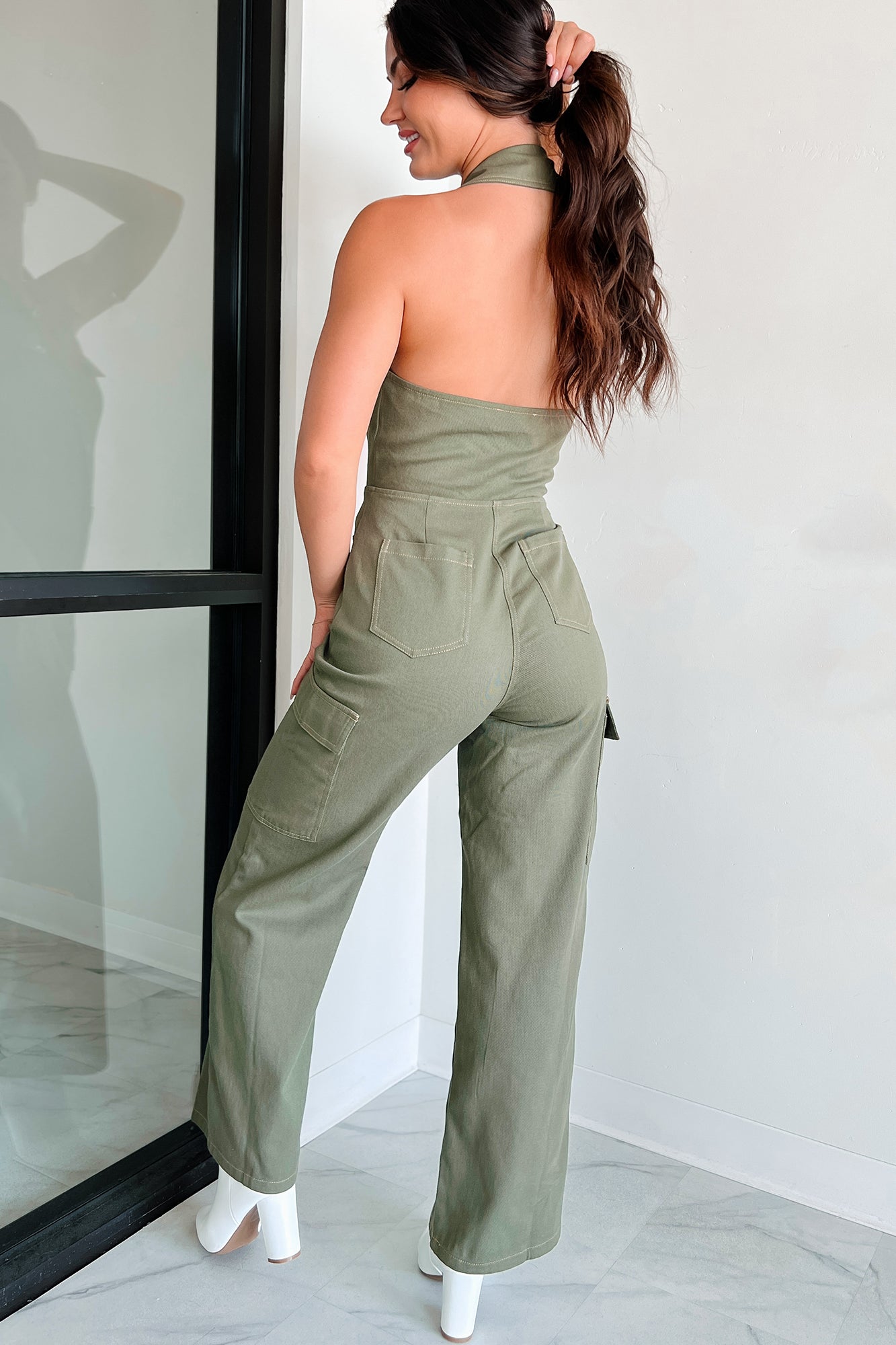 Social Call Denim Halter Cargo Jumpsuit (Olive) - NanaMacs