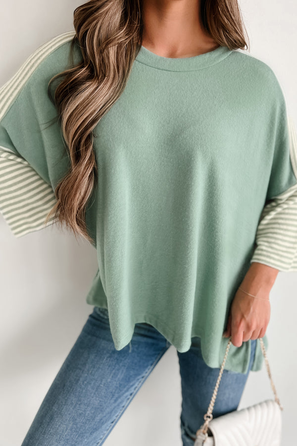 Fun Days Ahead Oversized Colorblock/Stripe Top (Sage) - NanaMacs