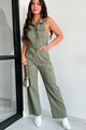 Social Call Denim Halter Cargo Jumpsuit (Olive) - NanaMacs