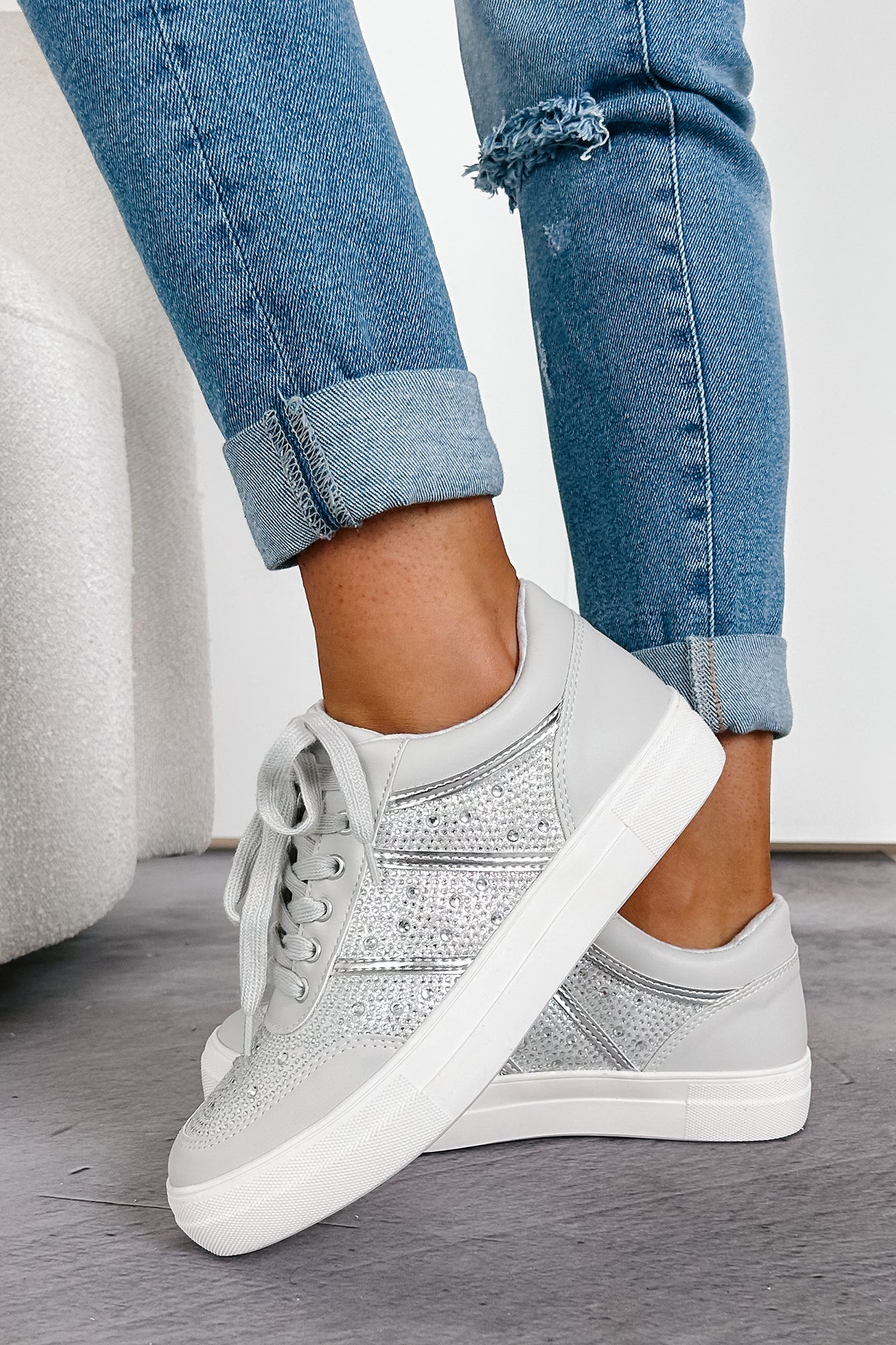 Casual Sparkles Rhinestone Sneakers (Grey/Silver) - NanaMacs