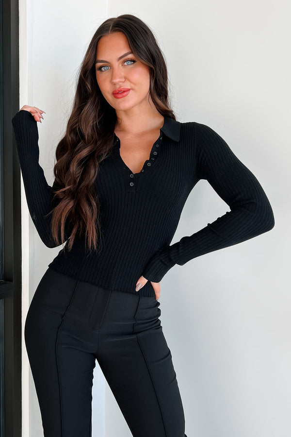 Setting The Tone Long Sleeve Ribbed Polo Top (Black) - NanaMacs