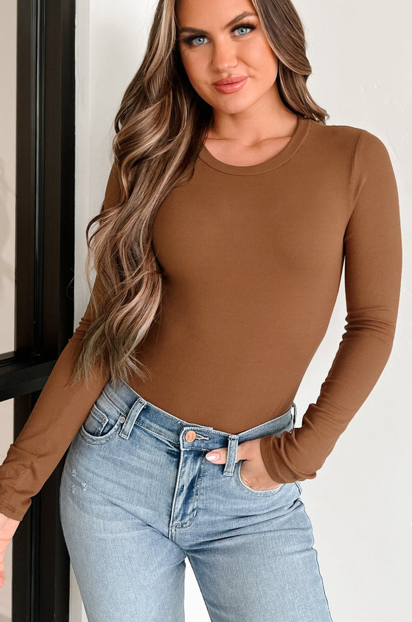 Simple Yet Practical Ribbed Long Sleeve Bodysuit (Toffee) - NanaMacs