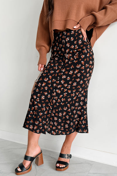 Fashionable Poise Button Detail Floral Midi Skirt (Black) - NanaMacs